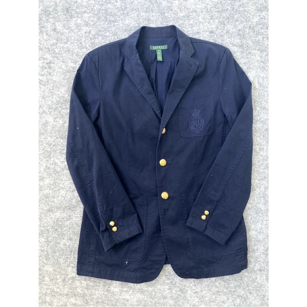 Ralph Lauren Navy Embroidered Crest Blazer — Gold Buttons — Women’s M